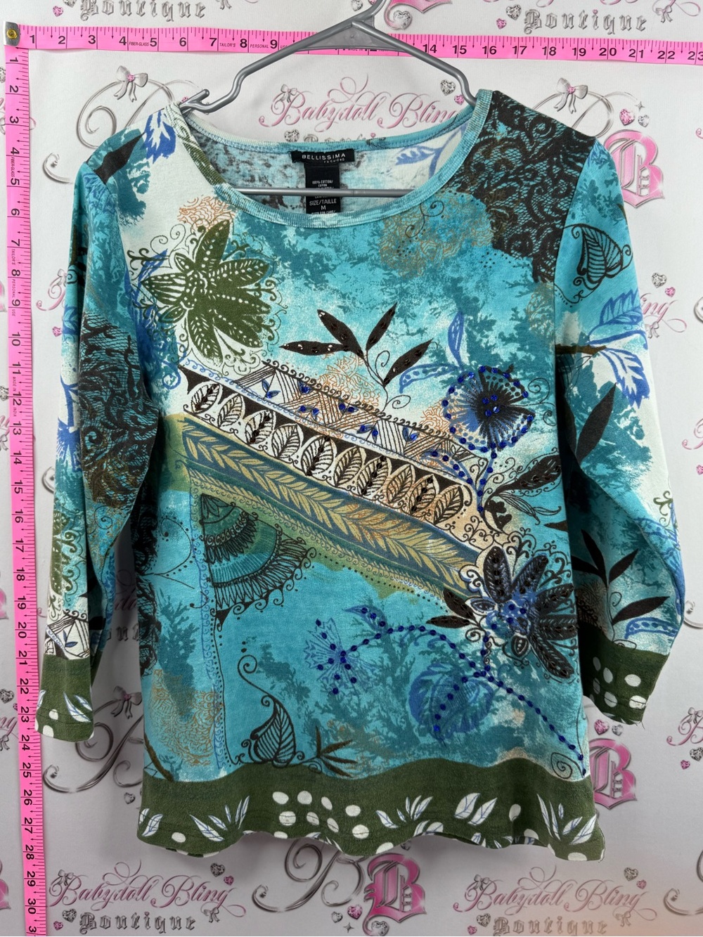 BELLISSIMA top Caribbean Floral Print Long-Sleeve Tee sequins y2k Turquoise